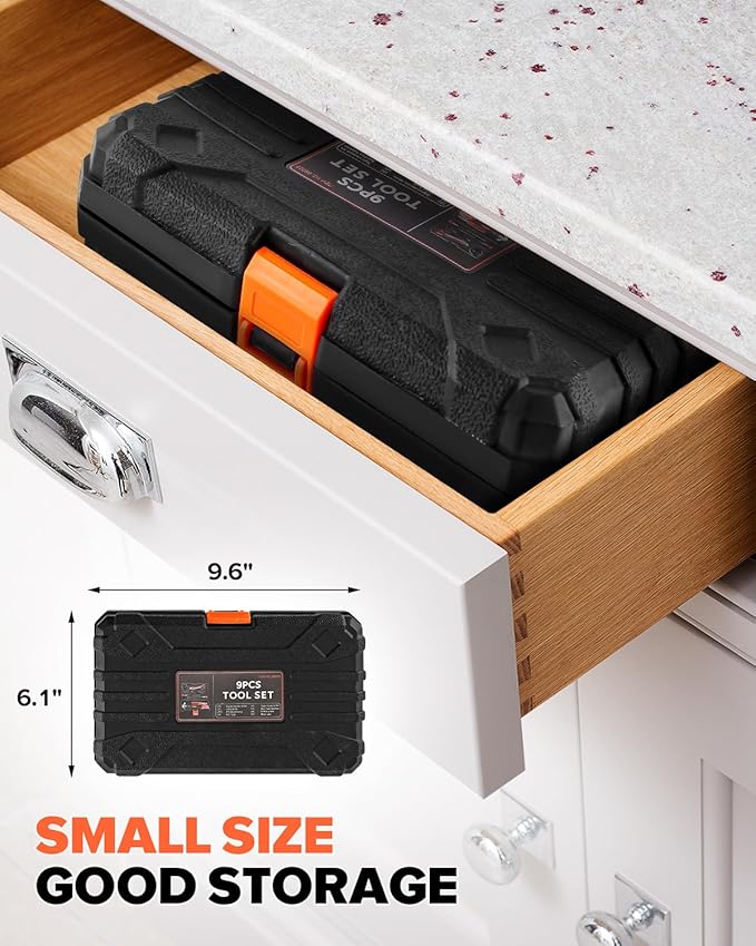 9pcs General Household Tool Set, Home Tool Kit with Plastic Toolbox for DIY, Maintenance, Perfect for Students & Homeowners (Red)