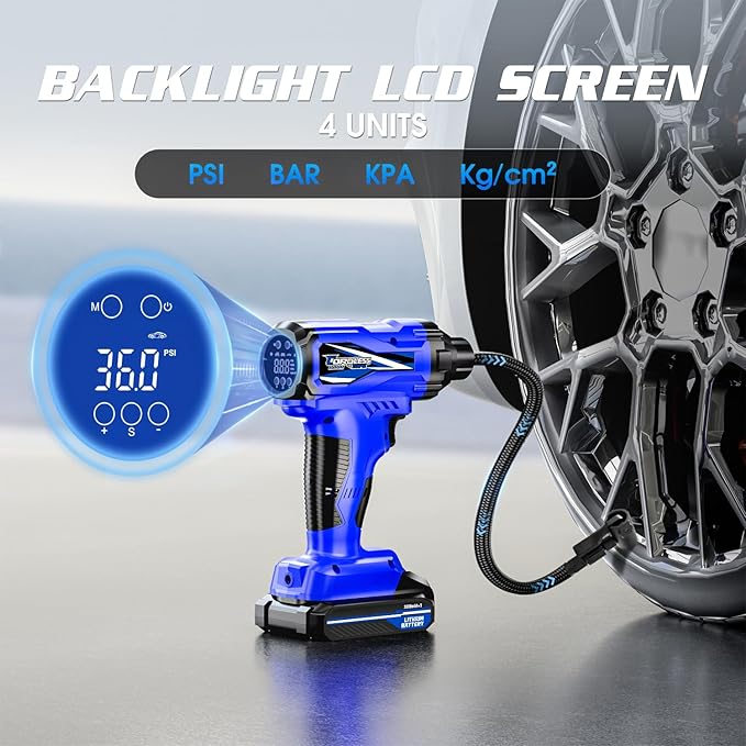 CARSUN Tire Inflator Portable Air Compressor, Cordless Car Tire Pump with Rechargeable Li-ion Battery 150PSI Portable Handheld Air Pump with Digital Pressure Gauge for Car Tires, Bicycles, Balls, Blue