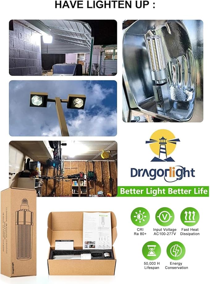 DragonLight 120W Commercial Grade Corn LED Light Bulb(400 Watt Metal Halide/HID/HPS Replacement) E26/E39 Large Mogul Base LED Lamp 5000K Daylight 14,400LM for High Bay Area Lighting