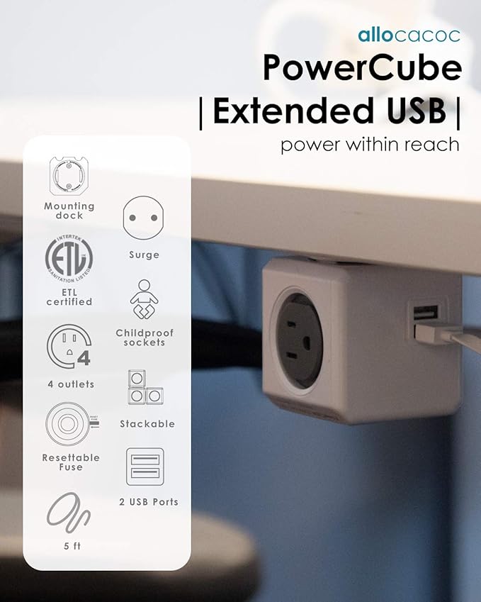 Allocacoc, PowerCube |ExtendedUSB|, 4 outlets, 2 USB Ports, 5 feet cable, Mounting dock, Surge Protection, Childproof Sockets, ETL Certified (Blue)