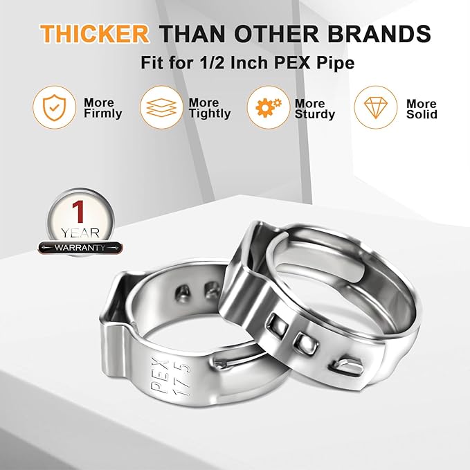 120 Pack 1/2 Inch PEX Cinch Clamps Rings, Premium 304 Stainless Steel Cinch Crimp Rings Pinch Clamps, Stepless Single Ear Hose Clamp for PEX Tubing Pipe Fitting Connections By Hydencamm (1/2"x120)