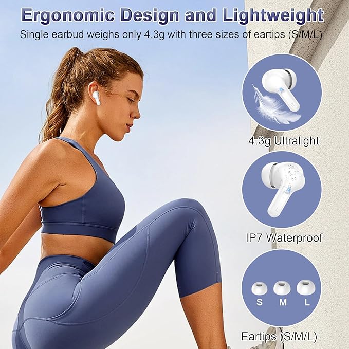 Wireless Earbud, Bluetooth 5.3 Headphones Wireless with ENC Noise Cancelling Mics, 40H Wireless in Ear Earphones with Deep Bass, IP7 Waterproof Ear bud in Ear with LED Power Display for Android/iOS