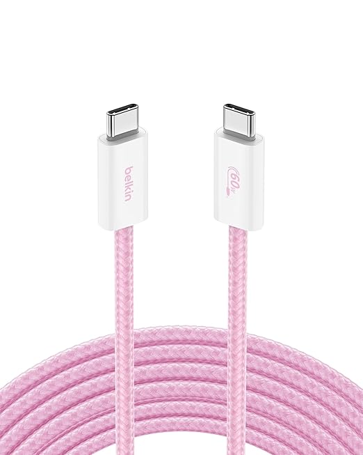 Belkin USB C to USB C Cable, 9.9ft, 60W - Type C Charger, iPhone Charger Cord, Soft, Braided, Flexible for iPhone 16, Galaxy S25, Pixel 9, Airpods, iPad Pro, Table & More, Travel Essentials - Pink