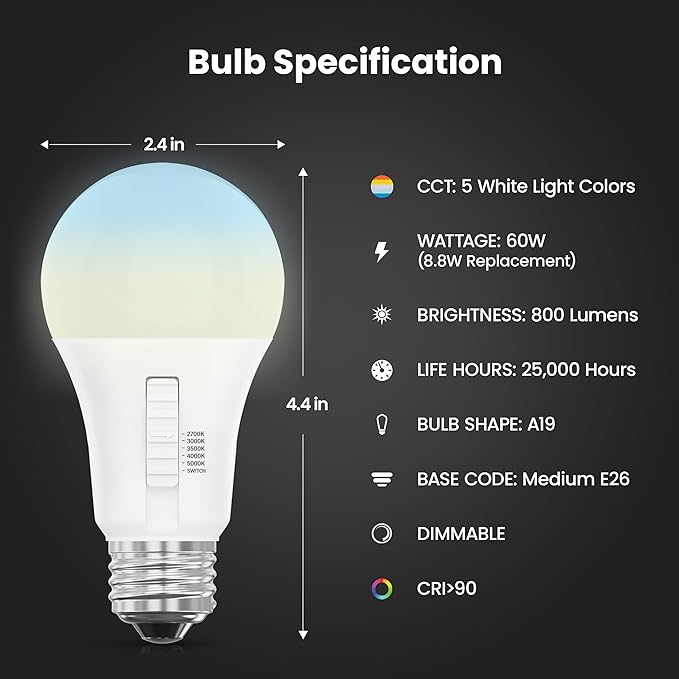 Feit Electric A19 LED Light Bulb, 60W Equivalent, Dimmable, Color Selectable 6-Way, 5CCT, E26 Medium Base, 90 CRI, 800 Lumens, 22-Year Lifetime, Damp Rated Lightbulb OM60DM/6WYCA/2, 2 Bulbs