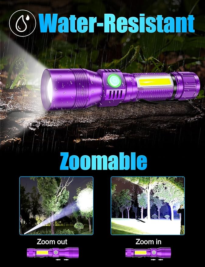 UV Rechargeable Flashlights Tactical,1000 High Lumens 3 in 1 LED Black Light Flashlight-Magnetic Base/Sidelight/Zoomable, Bright Pocket Flash Light with Case for Stains Detection,Purple/Black