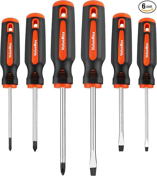ValueMax 6-Piece Magnetic Screwdriver Set, 3 Phillips and 3 Flat Tip Screwdrivers, Non-slip Handle Screw Driver Set Kit