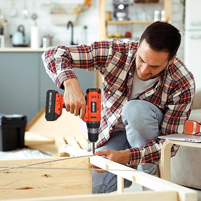 20V Electric Power Drill Set, Torque 30N, 21+1 Torque Setting, 3/8-Inch Keyless Chuck, LED Electric Drill Kit, Orange