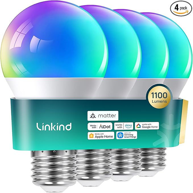 Linkind Matter Smart Light Bulb,1100LM 75W Smart Bulbs Work with Alexa/Apple Home/Google Home/SmartThings, RGBTW LED Color Changing Bulbs Music Sync, 2.4GHz Wi-Fi Light Bulbs LED 11W, A19 E26, 4Pack