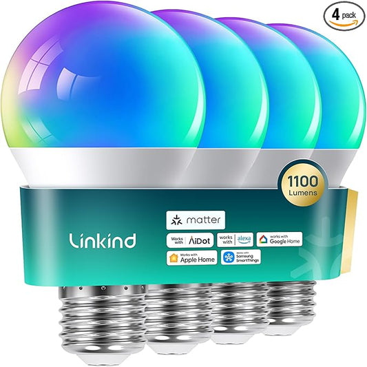 Linkind Matter Smart Light Bulb,1100LM 75W Smart Bulbs Work with Alexa/Apple Home/Google Home/SmartThings, RGBTW LED Color Changing Bulbs Music Sync, 2.4GHz Wi-Fi Light Bulbs LED 11W, A19 E26, 4Pack