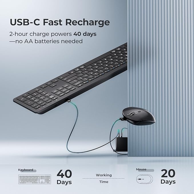 iClever GK08 Wireless Keyboard and Mouse - Ultra Slim Keyboard and Mouse Combo, Full Size Design with Number Pad, 2.4G Stable Connection Slim Keyboard and Mouse for Windows, Mac OS Computer (Black)