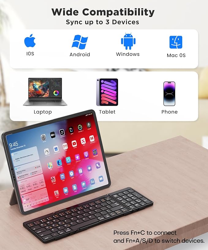 Foldable Bluetooth Keyboard, Full-Size Portable Wireless Bluetooth, Pocket-Sized Wireless Travel Keyboard for iPad/iPhone/Smartphone/Tablet/PC/Laptop can Place on The Legs