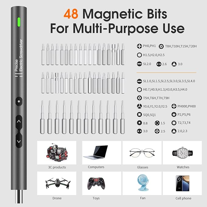 UF-TOOLS Mini Electric Screwdriver, 62 in 1 Cordless Rechargeable Small Power Screwdriver Set with 48 Bits, Led Light and Magnetic Mat, Professional Repair Tool for Phone Watch Camera Laptop PC