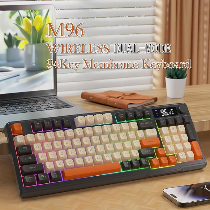 ZIYOU LANG M96 Wireless Gaming Silent Membrane Keyboard,Display Screen & Knob with Multimedia Keys Dual Mode Bluetooth/2.4Ghz,Rainbow Backlight 94Keys Ball Shape PBT Keycap ANSI Layout for Win/Mac
