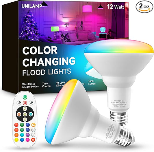 BR30 Color Changing Light Bulb, LED Flood Lights 12W Dimmable, 100W Equivalent, RGB+2700K+4000K+6500K, Remote Control, 1050LM, E26 Multi-Color Can Light Bulbs for Ceiling, 2 Pack