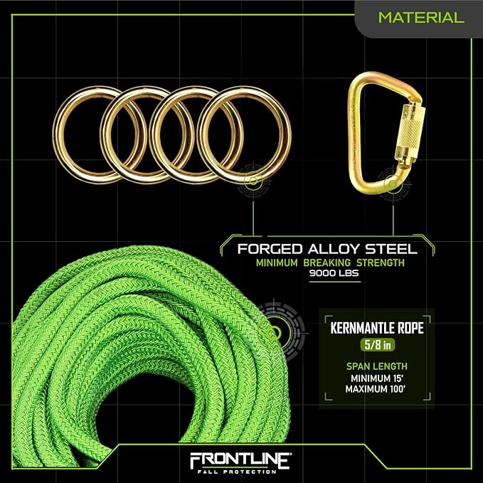 Frontline HLK1004 4-Person 100' Adjustable Horizontal Lifeline System with 6' Anchor Straps | OSHA & ANSI Compliant | Comes in Frontline Bag