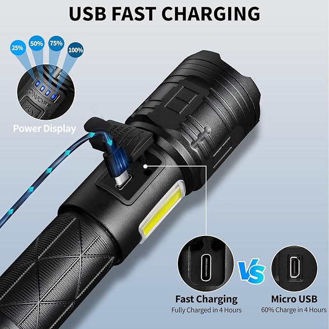 Rechargeable LED Flashlights High Lumens, 99,000 Lumen Super Bright Flashlight with 7 Modes & Waterproof, Powerful USB Rechargeable Handheld Flash Light for Camping Home(2 Pack)