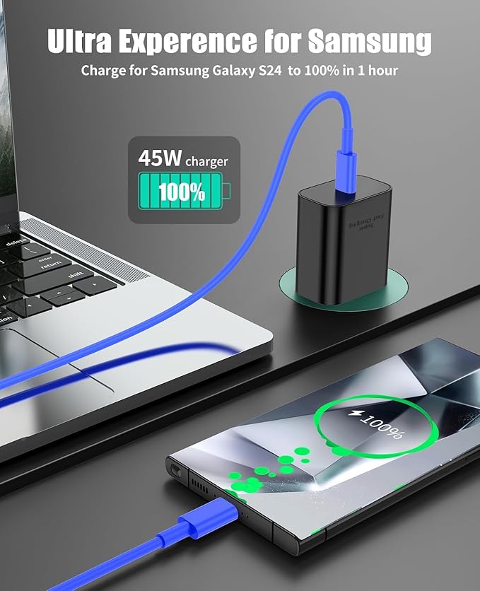 45W Super Fast Charger Type C for Samsung S24, USB C Android Phone Charger Fast Charging Block with 6FT/10FT Type C Charger Cord for Samsung Galaxy S24+ Ultra/S23+ Ultra/S22+ Ultra/iPhone 17/16-Blue