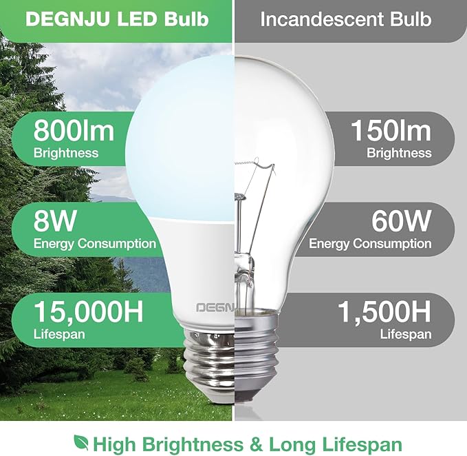 24 Pack LED Light Bulbs 60 Watt Equivalent, A19 5000K Daylight, 800 Lumens, E26 Base, Non-Dimmable, 8 Watt Energy Efficient LED Bulbs for Home Lighting