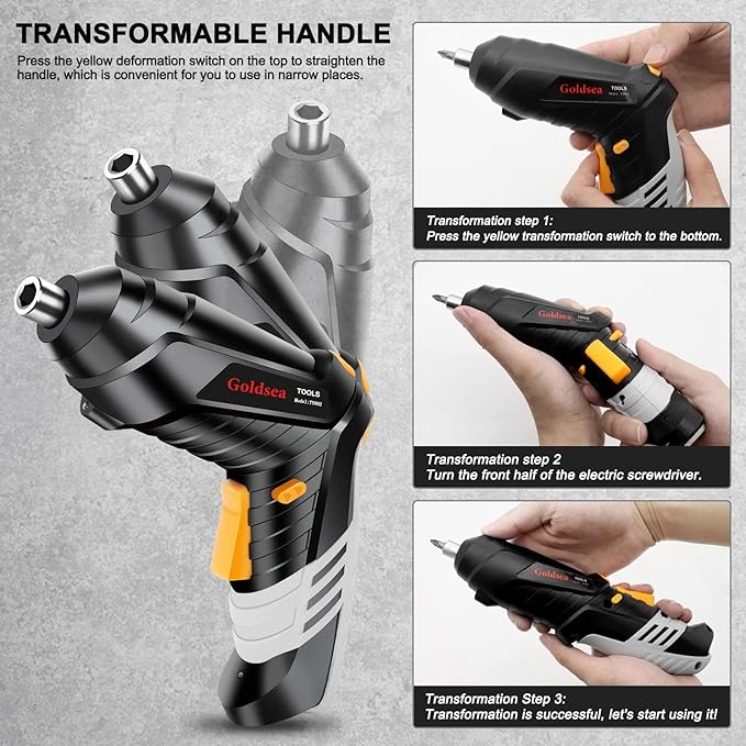 Electric Screwdriver Goldsea 4.2V Cordless Screwdriver 3.5N.m 1500mAh Type-C Charging 10pcs Screwdriver Bits 1/4” Hex Chuck 90°/180° deformation handle Forward and reverse adjustment LED Light