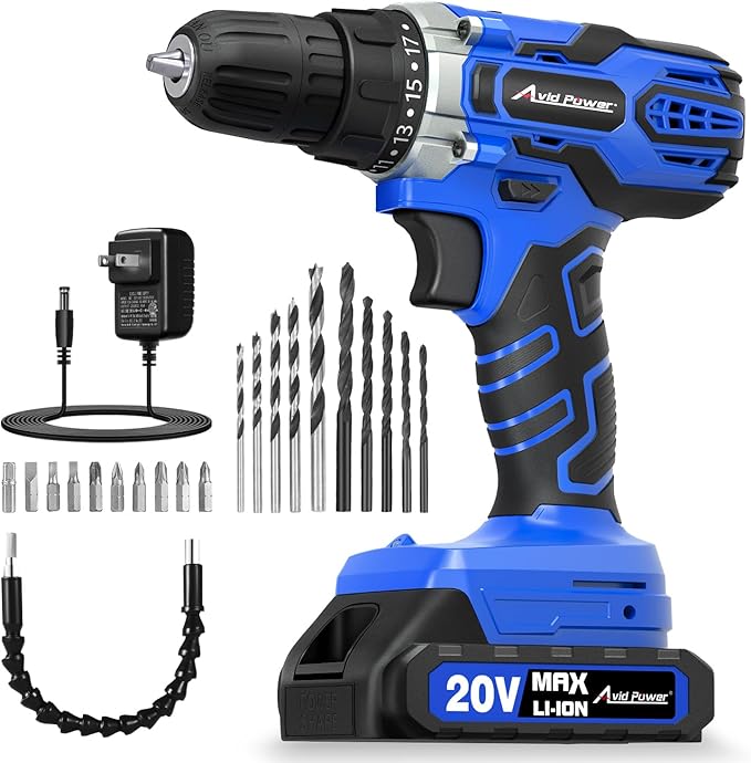 AVID POWER 20V MAX Power Drill Kit, Cordless Drill Set with Battery and Charger, 2 Variable Speed, 3/8-Inch Keyless Chuck, 19 Position and 22pcs Bits - Blue