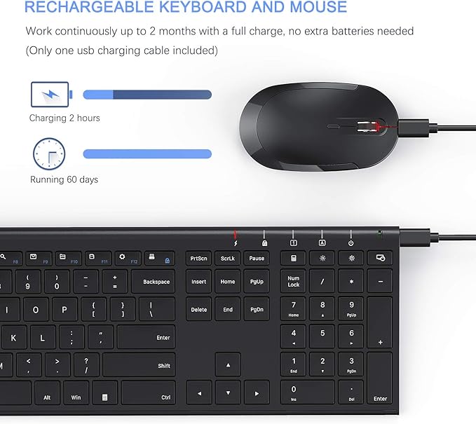 Wireless Keyboard and Mouse, Vssoplor 2.4GHz Rechargeable Compact Quiet Full-Size Keyboard and Mouse Combo with Nano USB Receiver for Windows, Laptop, PC, Notebook-Black