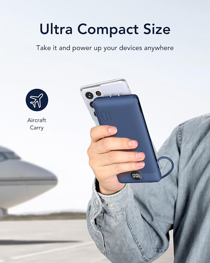 VEGER Portable Charger for iPhone with Built in Cables and Wall Plug, 10000mah Slim Fast Charging USB C Power Bank, Travel Essential Battery Pack Compatible with iPhone, iPad, Samsung etc(Navy)