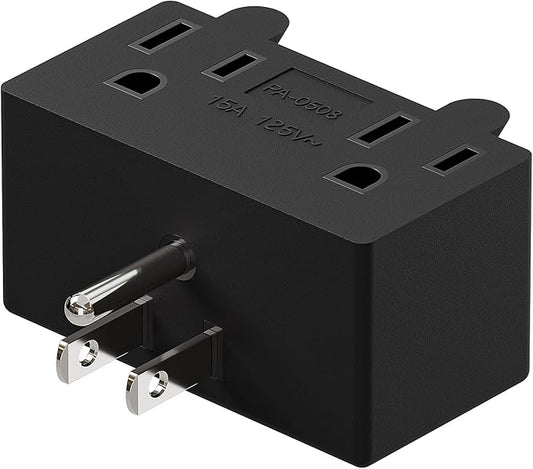 PA-0508 90 Degree Right Angled USA Male-Female Power Adapter, 5-15P to 2 * 5-15R Direction Changer Space Save Adapter Black