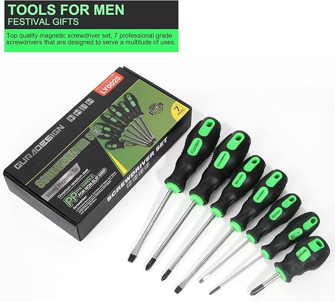7-Piece Magnetic Screwdrivers Set, 4 Phillips and 3 Flat, Professional Cushion Grip Screwdriver Set