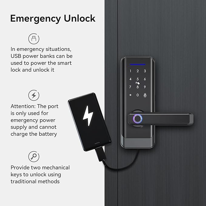 Smart Front Door Lock with Lever Handle, Keyless Entry Keypad Fingerprint Deadbolt, APP Control Biometric Electronic Digital Touchscreen Knob Set