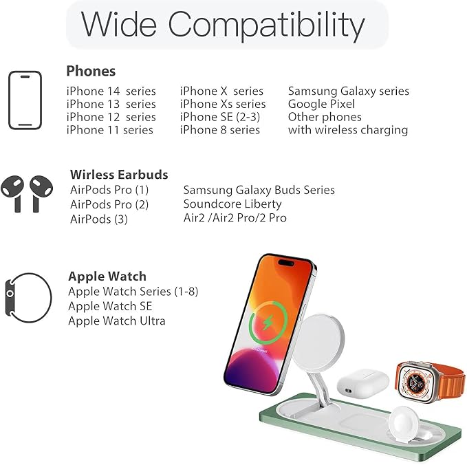 3 in 1 Charging Station for Apple Devices: Used for iPhone and Watch Charging Station with Magsafe Charger Stand, Wireless Charger for iPhone 16/15/14/13/12, Apple Watch 1-9/Ultra, AirPods 3 Pro