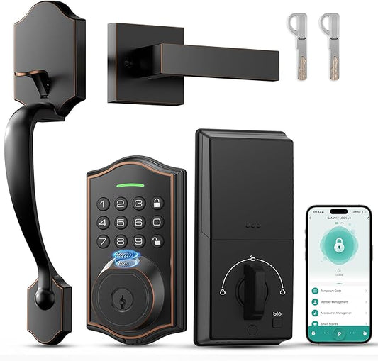 Keyless Entry Door Lock with Handle,Fingerprint Smart Front Door Lock Set,APP Control, Electronic Keypad Deadbolt with Lever Handle, Anti-Peeping, Auto Lock, Easy Install, Oil Rubbed Bronze