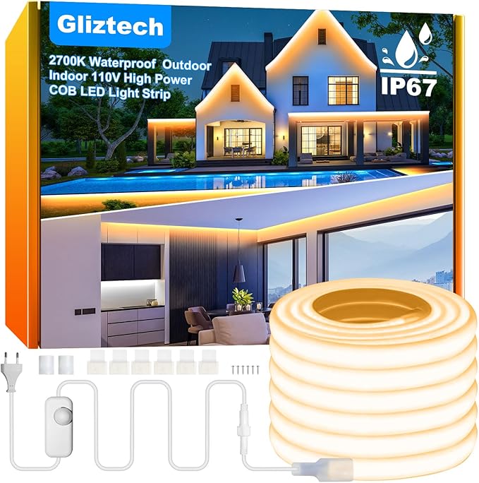 IP67 Waterproof COB LED Strip Lights AC 120V Direct Plug, 66FT Super Bright Outdoor Strip Lights with Double Fuse Controller, 2700K Warm White LED Strips for Garden Patio Commercial Decor