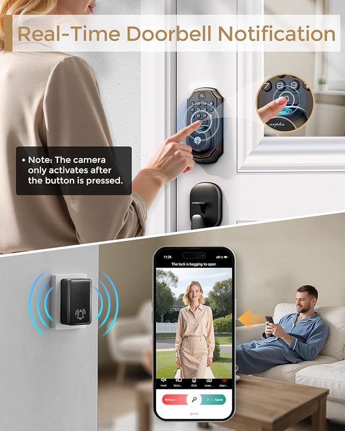 Keyless Entry Deadbolt with Handle Set - WiFi Smart Lock with Camera, 5-in-1 Camera+Doorbell+Fingerprint+Keypad, App Control, Auto Lock, Easy Install, Waterproof for Front Door