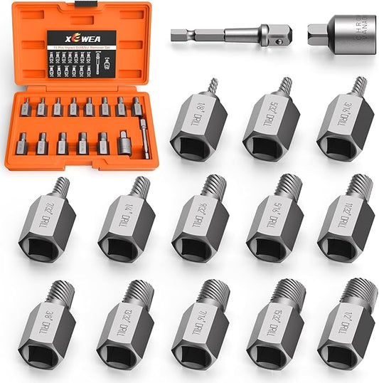 XEWEA Upgrade 15 Piece Screw Extractor Set, 3/8" Inch Impact Easy Out Stripped Screw Bolt Remover Kit Tool, Multi-Spline, for Removing Broken Screws, Bolts, Studs