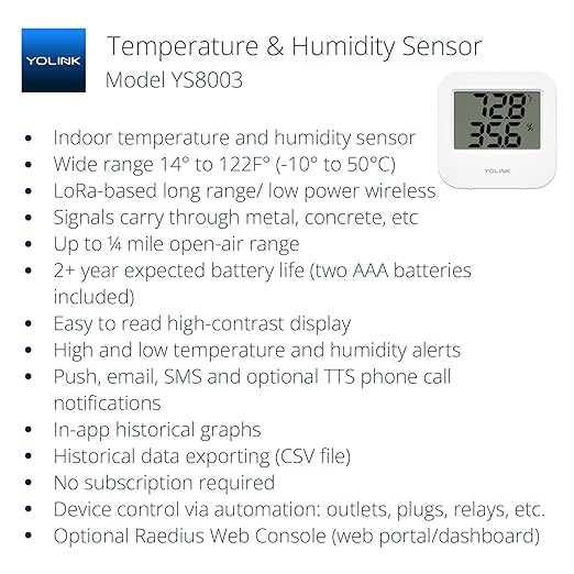 Smart Wireless Temperature Sensor/Humidity Sensor Wide Range (-22 to 158 Degrees) for Fridge Monitoring Pet Cage/Tank Monitoring, Smartphone Alerts, Compatible with Alexa IFTTT - Hub Included