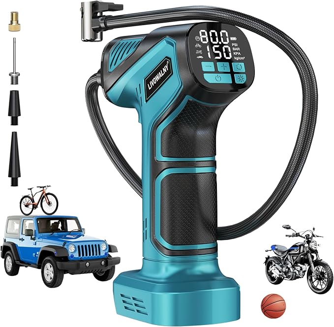 Tire Inflator Portable Air Compressor Compatible With Makita 18V Battery, LIVOWALNY 150PSI Air Pump, Cordless Tire Pump Digital Pressure Gauge, Tire Inflator for Car, Bike, Motorcycle (No Battery)