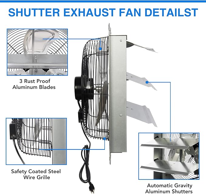 JPOWER 14 Inch Shutter Exhaust Fan, Gable Vent Fan, Wall Mount Ventilation, High Speed 1950 CFM, Automatic Aluminum Blades, for Garages, Shop, Greenhouse, Attic, with Power Cord