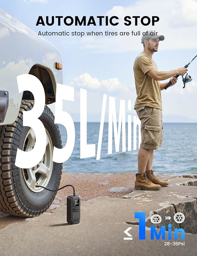 Tire Inflator Portable Air Compressor - Lamicall [5X Faster] [150 PSI] [Rechargeable] Car Air Pump, Digital Display Pressure Gauge, LED Light, Cordless Pump for Car, Bike, Motorcycle, Ball