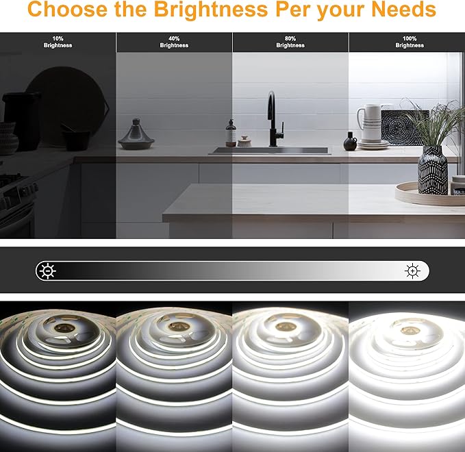 White COB LED Strip Light, Dimmable 16.4ft/5m LED Light, 6000K Daylight White 2400 LEDs High Lumen LED Tape Lights CRI 90+ with RF Remote and UL Power for Bedroom,Kitchen,DIY Home Decoration