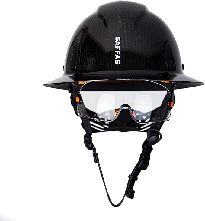 Carbon Fiber Full Brim Hard Hat Safety Helmet with Goggles and Leather Chin Strap 6-Point Suspension Adjustable Knob with Neck Protection