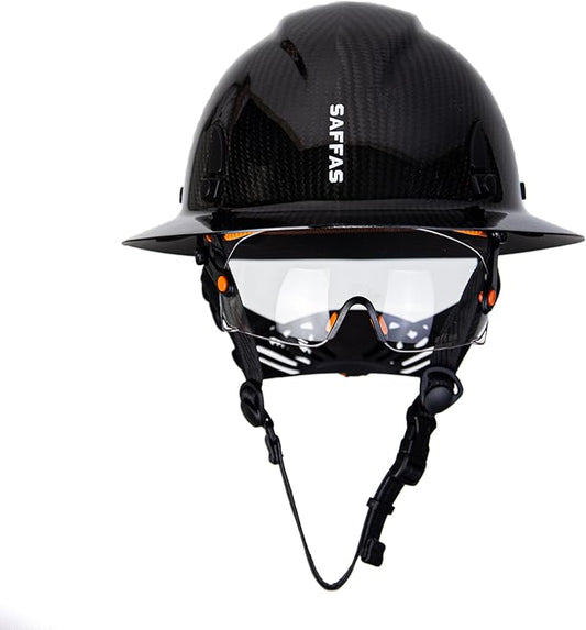 Carbon Fiber Full Brim Hard Hat Safety Helmet with Goggles and Leather Chin Strap 6-Point Suspension Adjustable Knob with Neck Protection