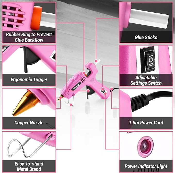 Hot Glue Gun Full Size: DEKOPRO 60/100Watt Dual Temp Hot Glue Gun Kit with 25 Glue Sticks, Organize Storage Case, Heavy Duty Heat Glue Gun Tool Set for Home Repair, Art & Crafts, DIY Pink