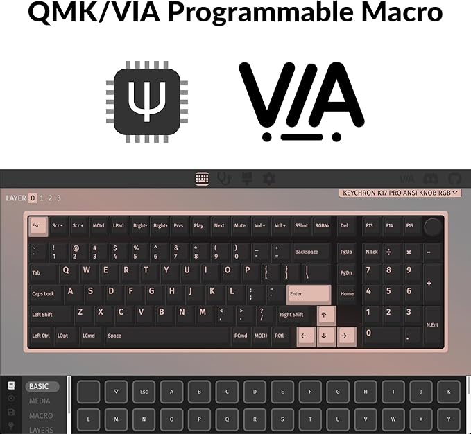 Keychron K17 Pro QMK/VIA Low-Profile Custom Wireless Mechanical Keyboard 96% Layout Programmable Knob Bluetooth/Wired White Backlight Compatible with Mac Windows Linux