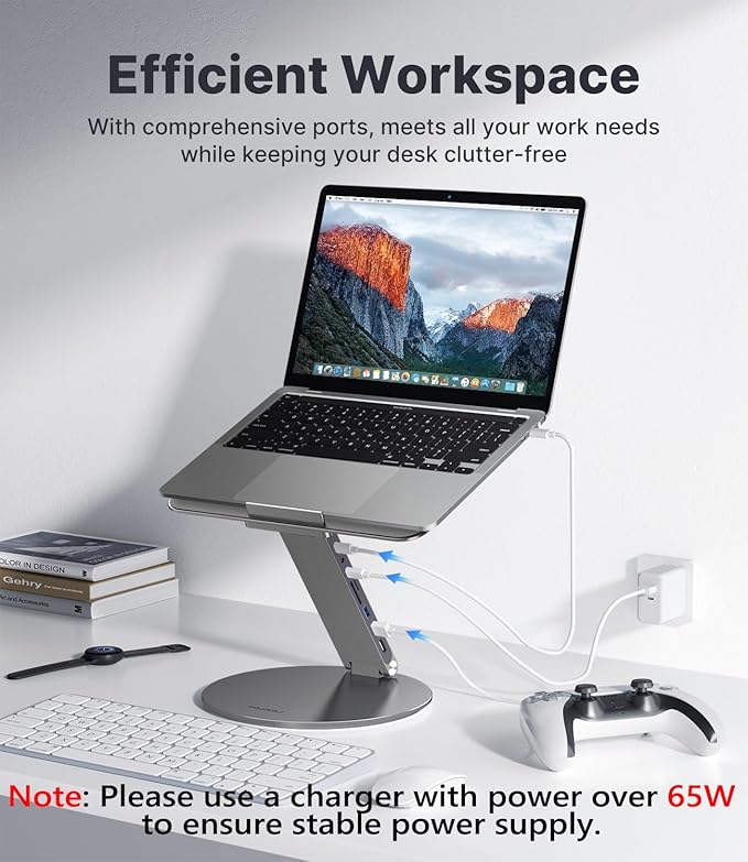 Adjustable Laptop Stand with 8 in 1 USB C Hub, Foldable Portable Computer Notebook Stand with 360° Rotating Base, Riser Holder Mount for All 10-17" Laptops (Gray)