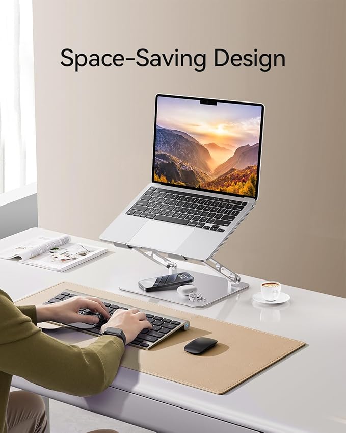 Foldable Aluminum Laptop Stand for 10-17.3" Laptops, Height Adjustable Portable Ergonomic Computer Holder, Space Saving Desk with Heat Dissipation. Compatible with MacBook/Dell/HP etc, Silver