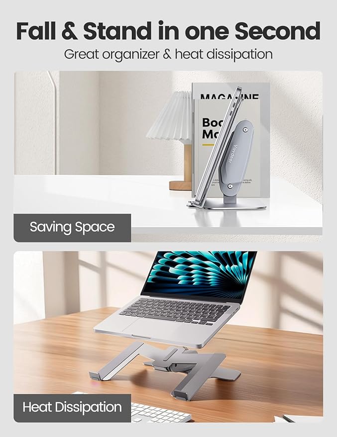 Vaydeer Laptop Stand for Desk, Metal Dual-Mode Design for Desk & Vertical Use, Adjustable Laptop Holder Space Saving Supports MacBook, Chromebook, Surface, Dell (Silver)