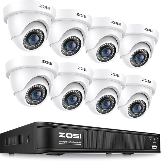 ZOSI 1080P H.265+ Home Security Camera System, AI Human Vehicle Detect, 5MP Lite 8 Channel Surveillance DVR, 8 x 1080p Weatherproof CCTV Dome Camera Outdoor, 80ft Night Vision, Remote Access (No HDD)