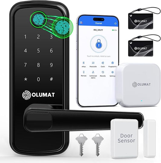 Smart Door Lock with Handle: Olumat Keyless Entry Door Lock with WiFi Gateway-Fingerprint Lock with Door Sensor -Smart Locks for Front Door with Keypad