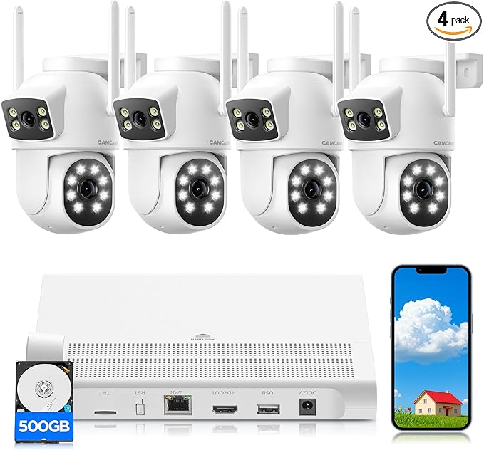 2K Dual Lens Security Cameras Wireless Outdoor, 5G & 2.4G WiFi Pro Home Security Camera System with Color Night Vision, Auto Tracking, 2-Way Audio, 360° Pan & Tilt, 500GB HDD 10CH NVR No Subscription