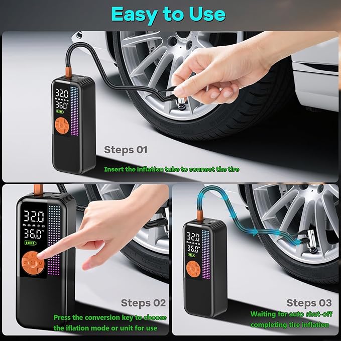 Portable Tire Inflator Air Compressor, 150 PSI Cordless Air Pump, 6000mAh Battery & 12V Car Outlet, Digital Pressure Gauge, Auto Shut-Off, Fast 24L/Min, LED Light, 4 Preset Modes for Car, Bike, Balls